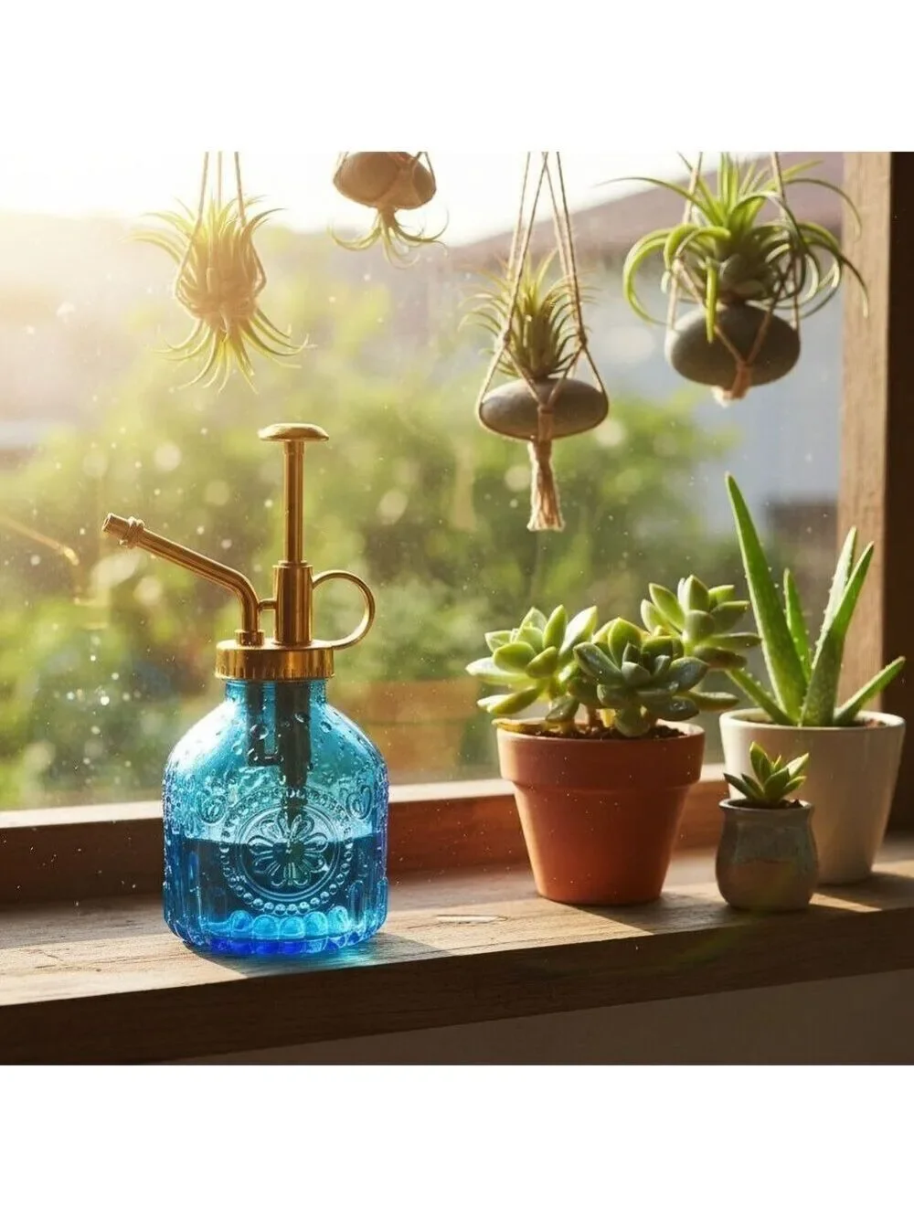 Blue Glass Plant Mister Spray Bottle Gold Pump Orchid Bonsai Air Plant